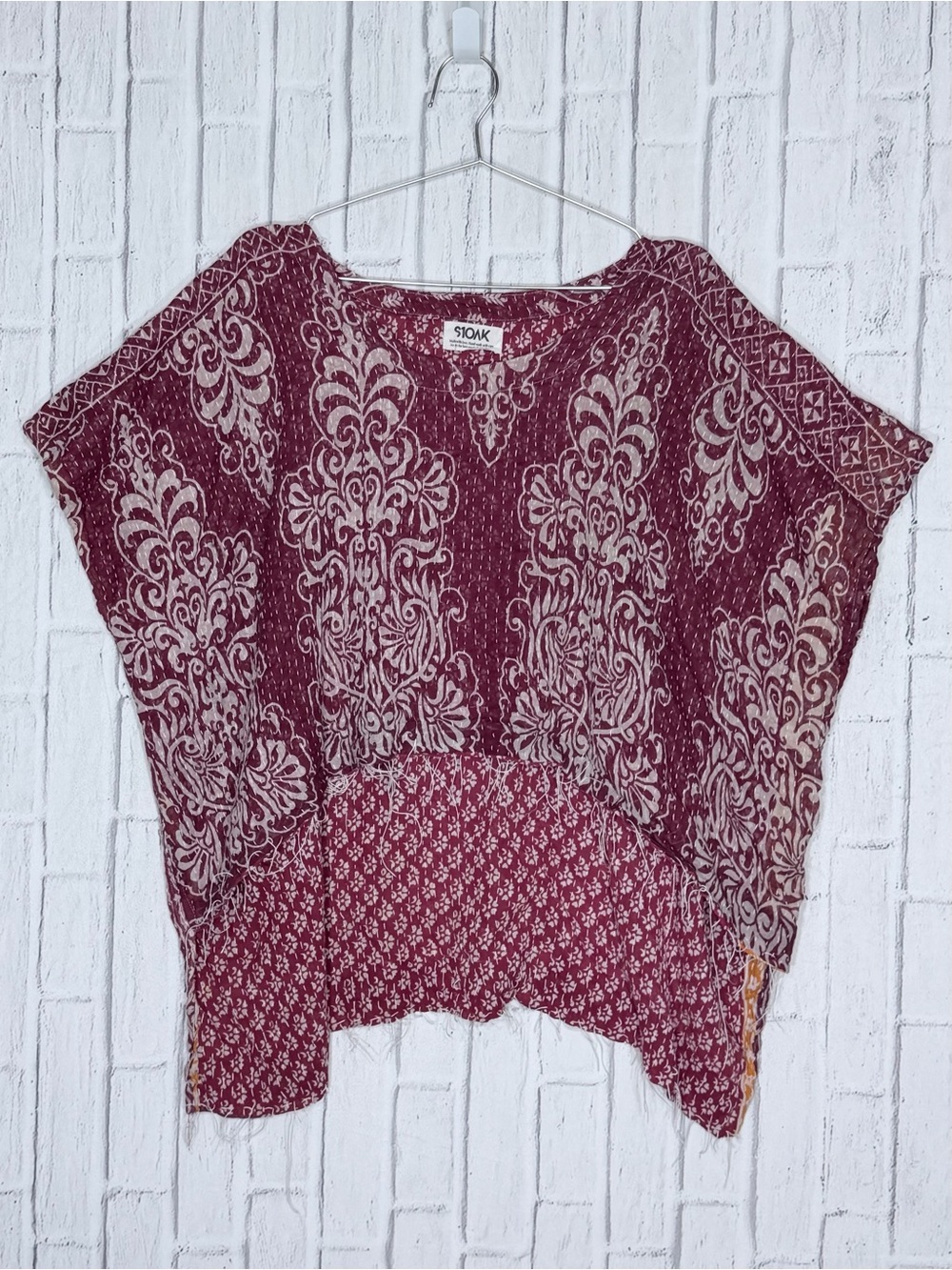🍷 Shes1Oak Kantha Hi Low Raw Hem Top One Size 100% Cotton Boho